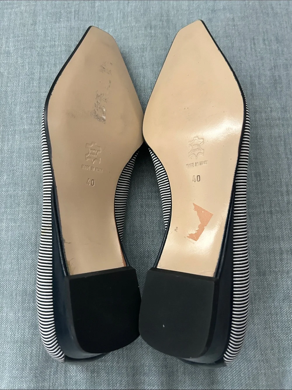 Pointed Toe Navy Leather Loafers with Striped Trim. Made in Italy.